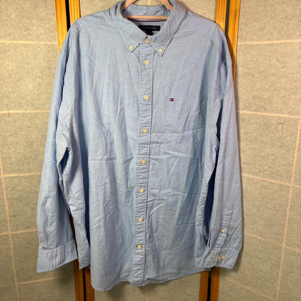 Tommy Hilfiger Button Down Shirt 2XL Blue Stretch Cotton Oxford Long‎ Sleeve
